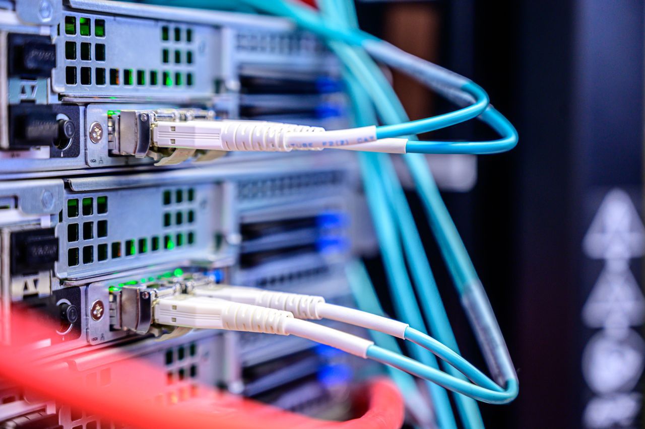 Network cables plugged into a server, representing data infrastructure kept under a company's own control