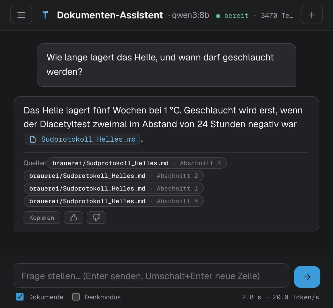 Oberfläche von TippelPi: eine Frage an das Sudprotokoll, die Antwort mit zitierten Abschnitten als Quellen